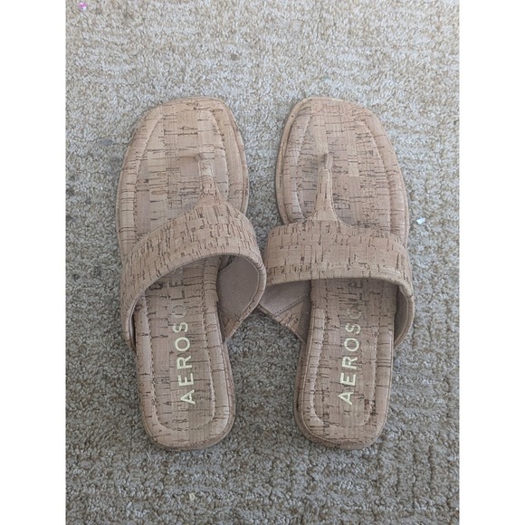 AEROSOLES Shoes - Aerosoles Barry Womens 9.5M Natural Cork‎ Thong Sandals Square Toe Flat Slides
